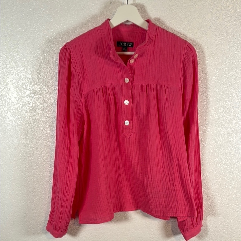 J. Crew Pink 1/2 Button Gauzy Cotton Pop Over Blouse Size Medium